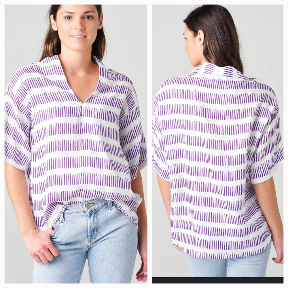 Brooke Wright White and Purple Striped Linen Shirt